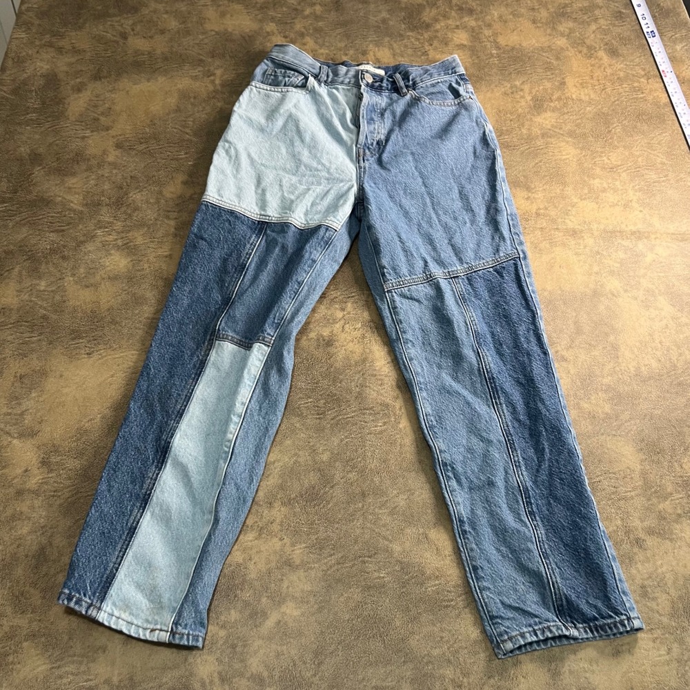PacSun High Rise Straight Jeans Womens 27 Blue Patchwork Colorblock Button Fly
